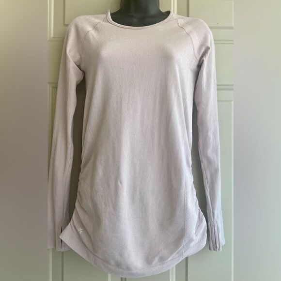 Athleta Speedlight Glow White Long Sleeve Top Size S Sparkly Ruched Sides - Picture 1 of 7